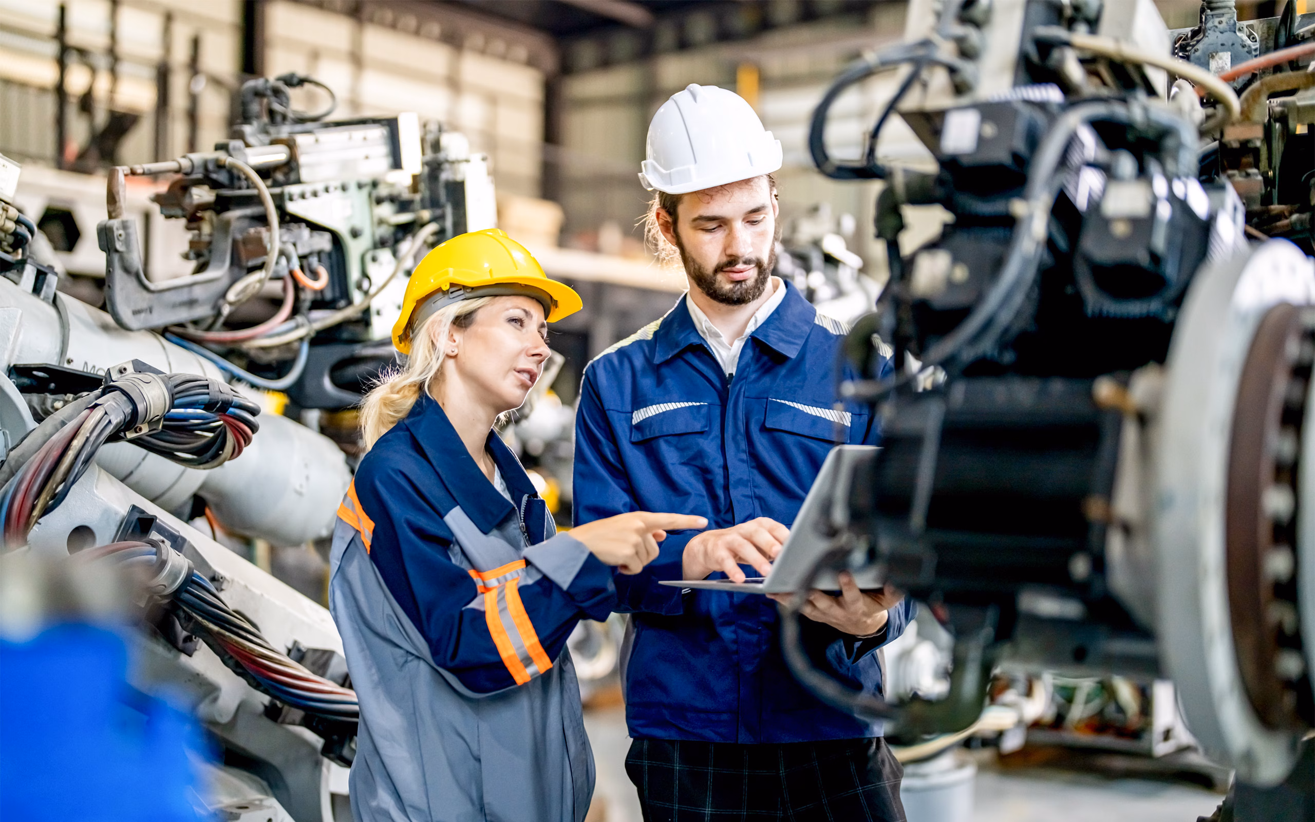 Woman And Man Inspecting Equipment